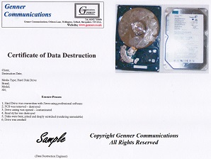 Newport Hard Disk Drive data destruction certificate